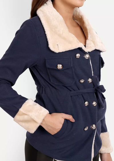 Short Navy Blue Double Breasted Jacket With Fur Lining
