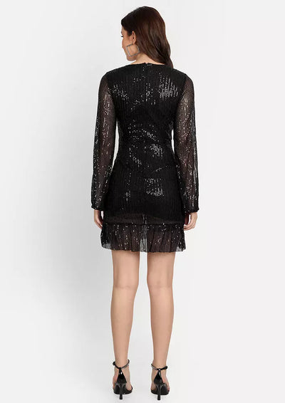 Black Sequin V-Neck Ruffle Wrap Mini Dress