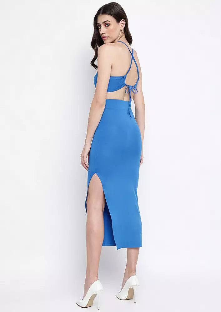 Blue Halterneck Cut-Out Midi Dress