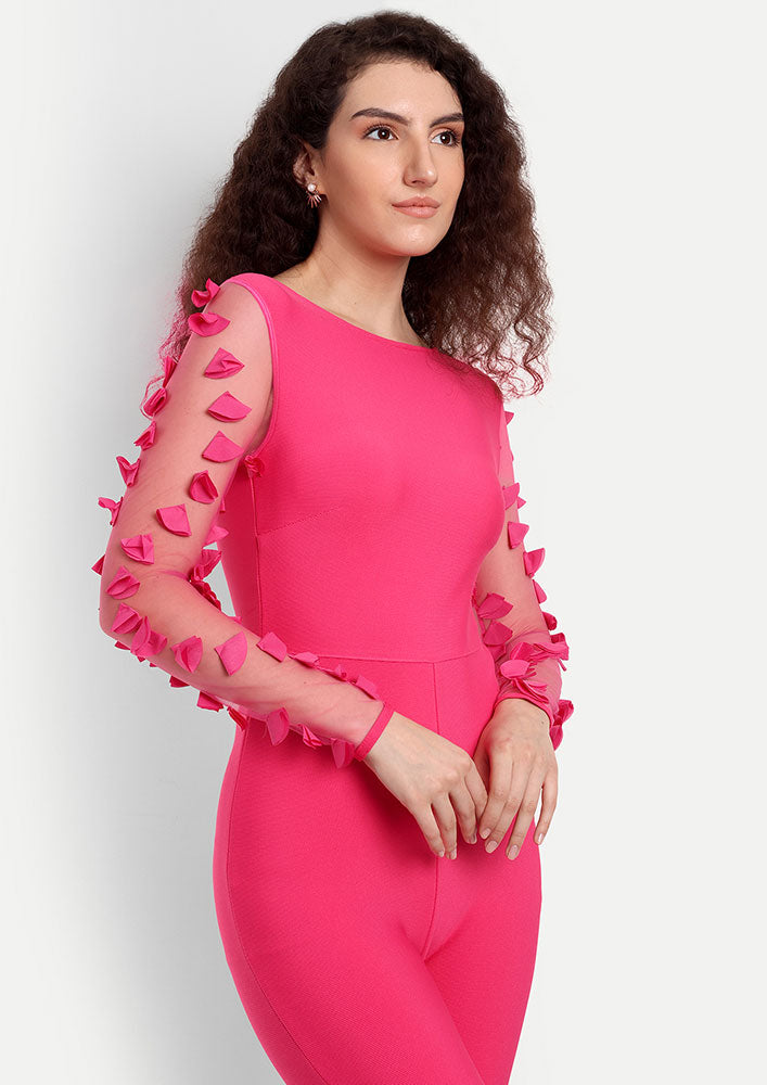 Pink High Waisted Jumpsuit With Net Full Sleeves