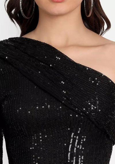 Black One Shoulder Pleated Sequin Bodycon Dress
