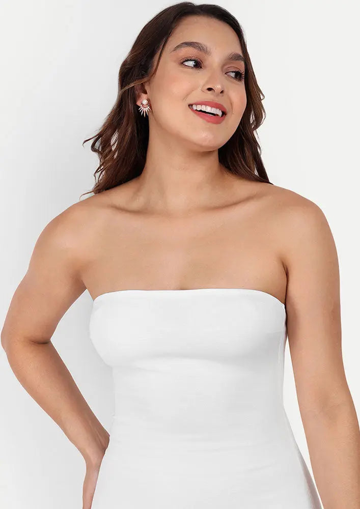 White Strapless Bodycon Mini Dress With Long Fringes IKI CHIC Private Ltd