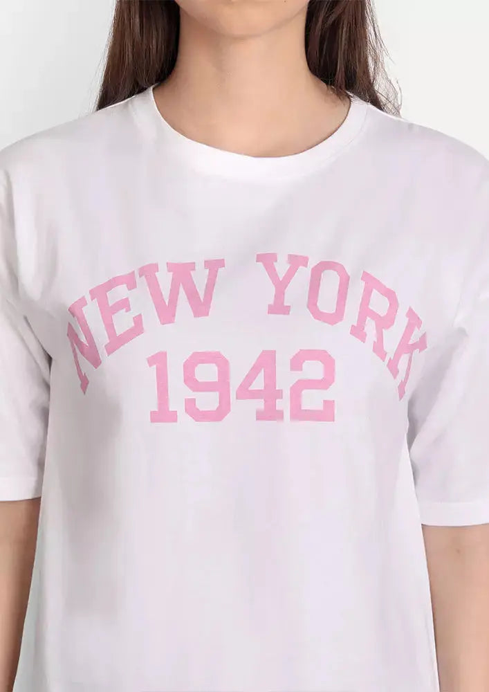 White Printed Oversized Short Sleeve T-shirt IKI CHIC Private Ltd