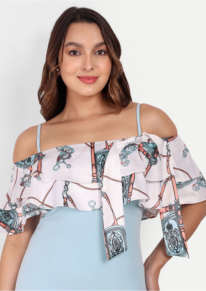 Blue Bodycon Midi Dress With Printed Cold-Shoulder Ruffles