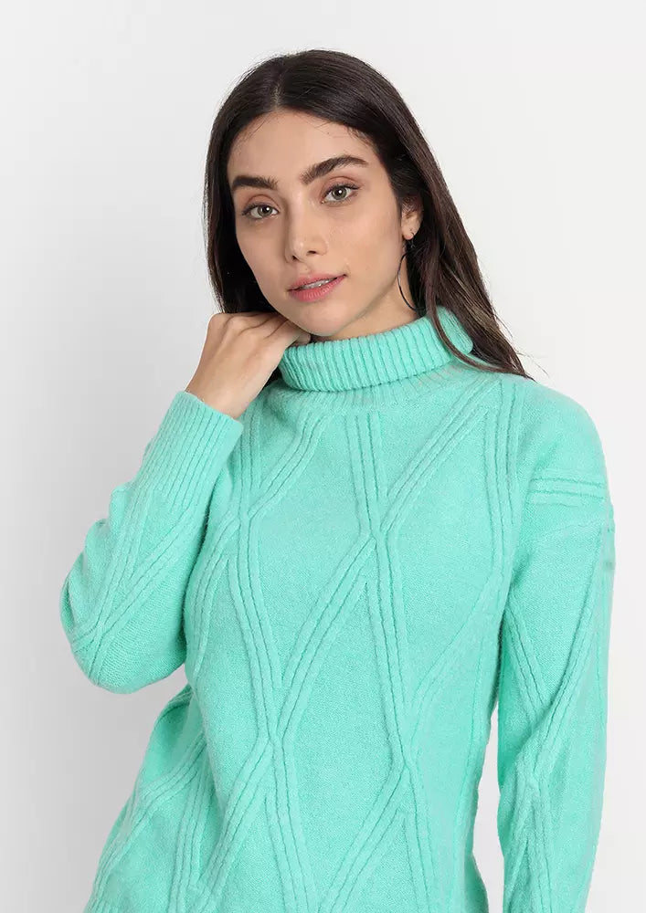 Green Cable Knit High Neck Sweater