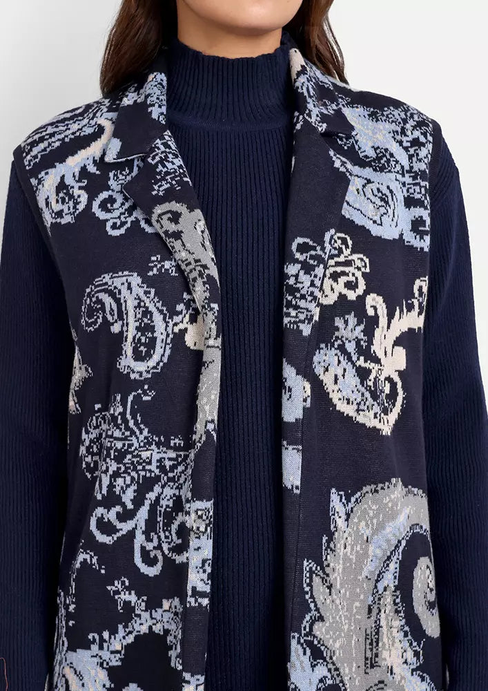 Navy Blue Knitted Sweater With Pants & Jacquard Knitted Cape