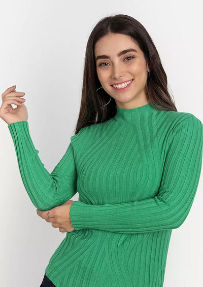 Green Fine Knit High Neck Bodyfit Top IKI CHIC Private Ltd