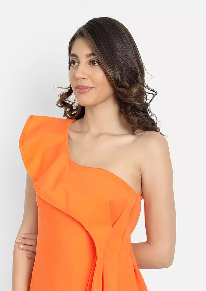 Orange Ruffle Design One-Shoulder Bodycon Mini Dress