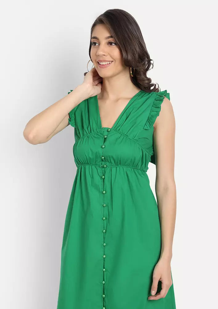 Green Women V-neck Gather Hem Midi Dress