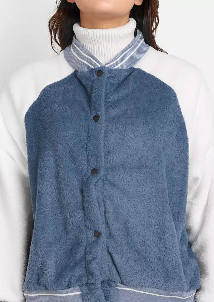 White & Blue Colorblock Faux Fur Varsity Jacket