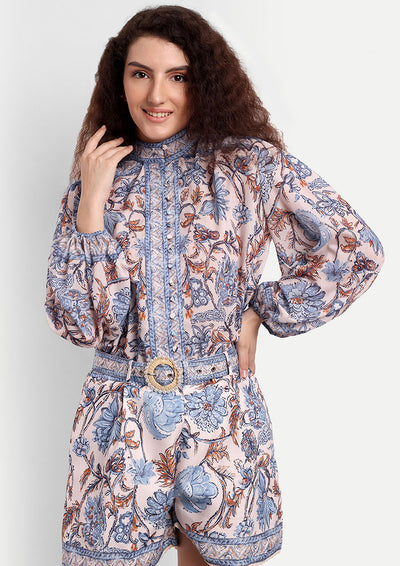 Blue Floral Printed Shirt And Shorts Set With An Embellished Belt