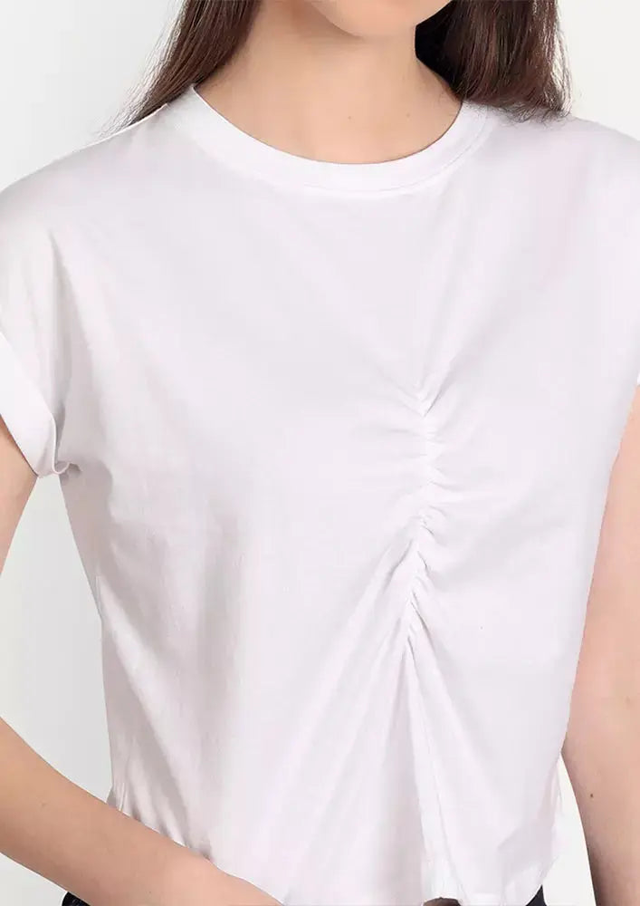 White Front Gathered Short Sleeve Top IKI CHIC Private Ltd