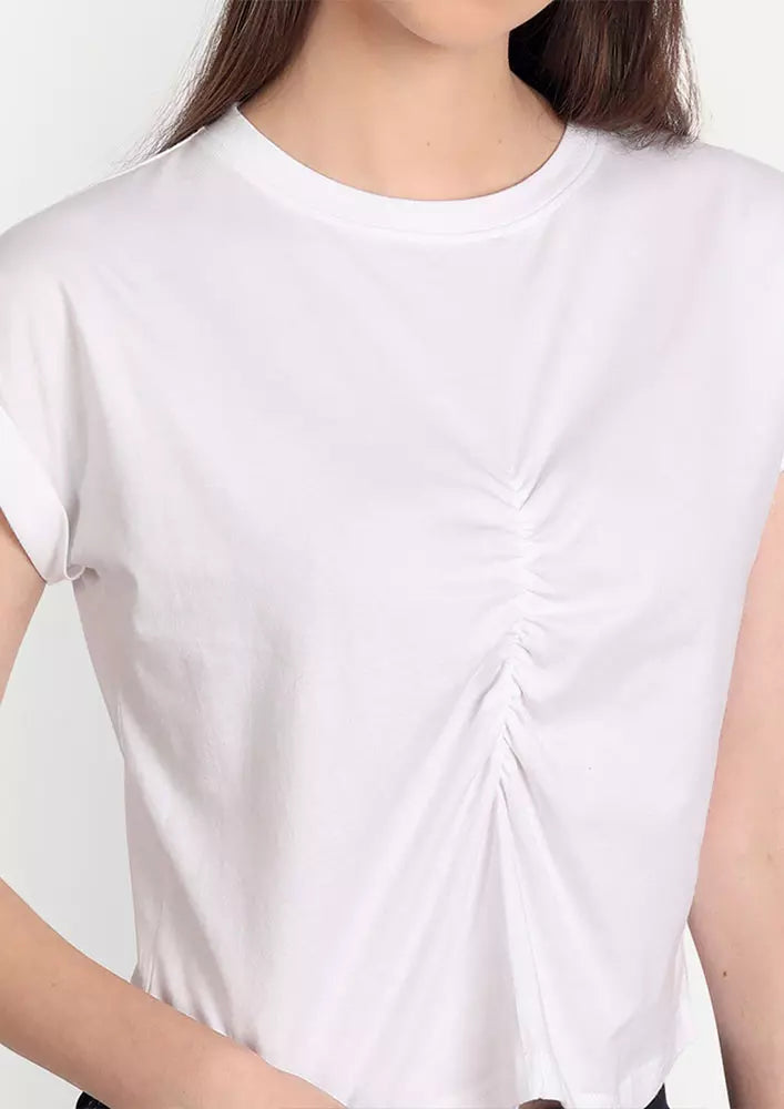 White Front Gathered Short Sleeve Top