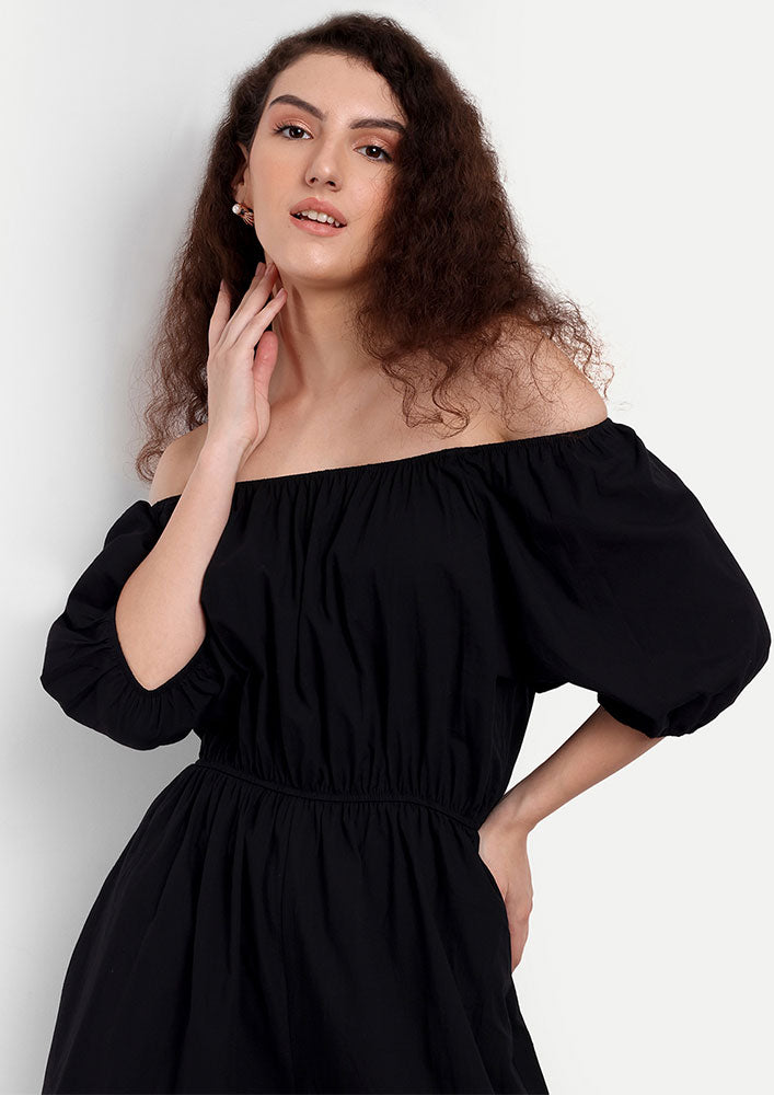 Black Wide Leg Jumpsuit With Off-Shoulder Neckline and Balloon Sleeve