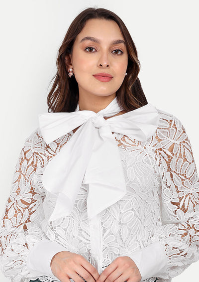 White Sheer Lace Shirt With White Tie-Up Bow