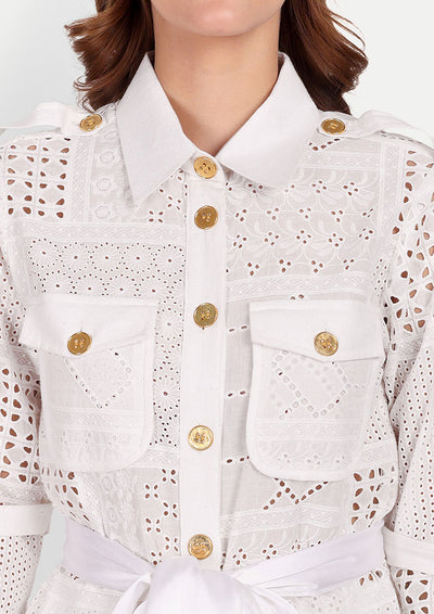 White Schiffli Lace Front Button Up Shirt And High Waisted Lace Pants