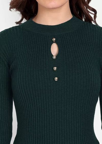 Bottle Green Crew Neck Sweater With Cutout Detailing & Golden Buttons