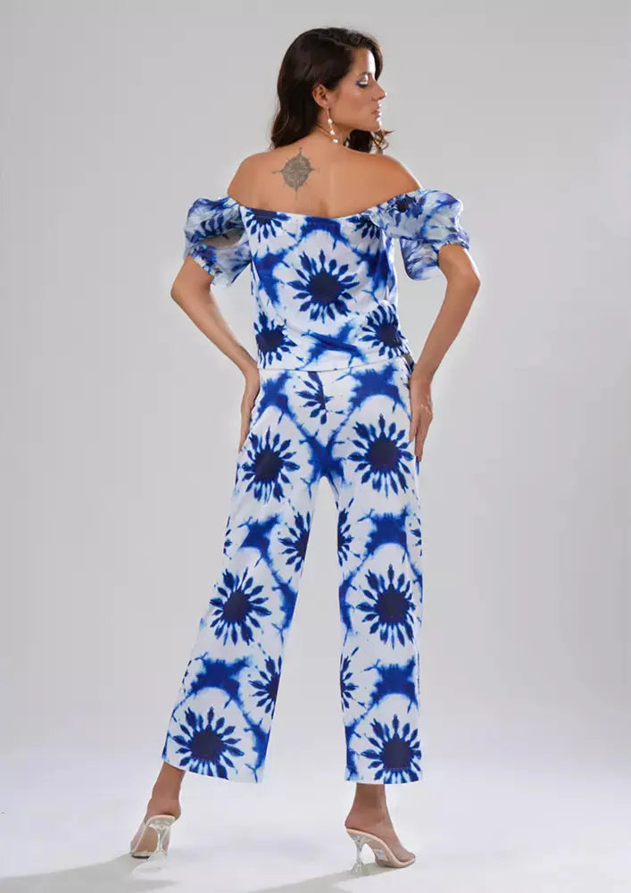Splash Print Off Shoulder Puff Sleeves Top And Wide Leg Pants Set