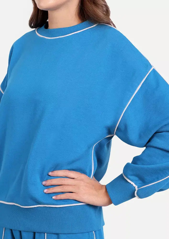 Light Blue Crew Neck Contrast Detail Oversized Joggers Set IKI CHIC