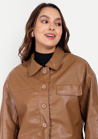 Brown PU Leather Jacket With Front Button Up And Flap Detailing