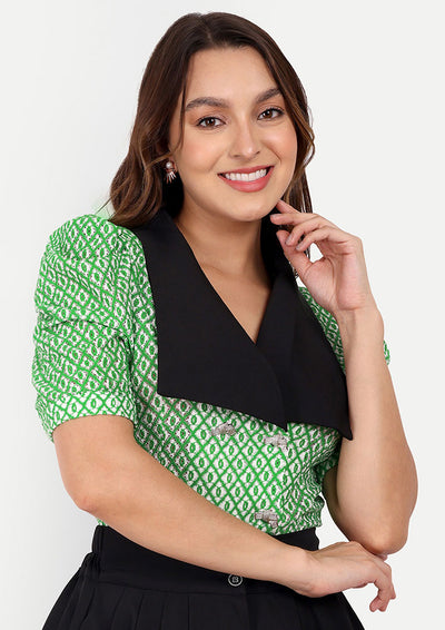 Green Printed Lapel Collar Blouse With A Flared Pleated Black Skirt