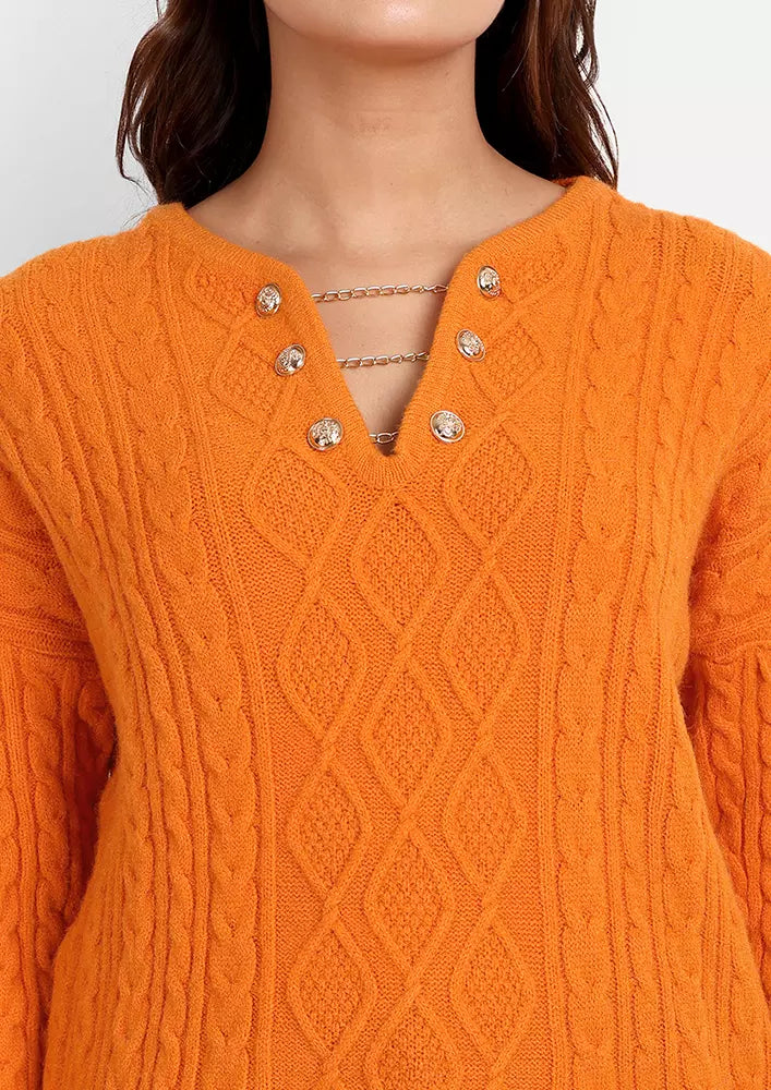 Orange Oversized Cable Knit Sweater With Chain Detailing