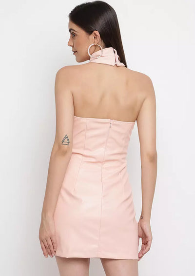 Pink Leather Halterneck Cut-Out Bodycon Dress