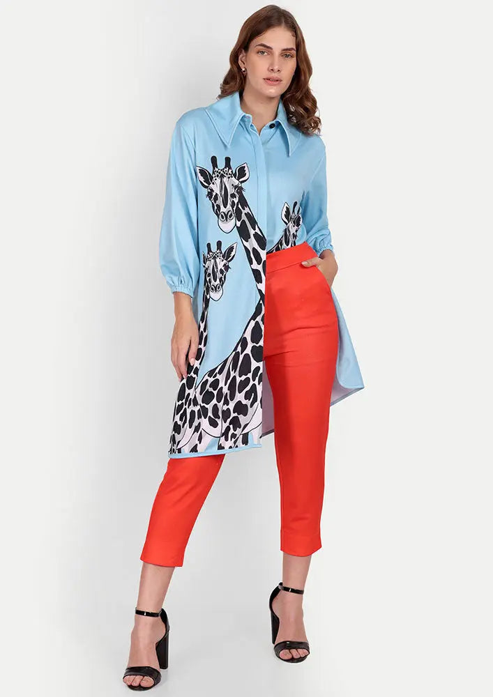 Giraffe Print Oversized Shirt With Orange Red Straight Pants Set IKI CHIC Private Ltd