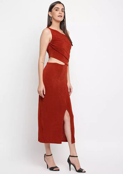 Brown Cut-Out One Shoulder Midi Dress