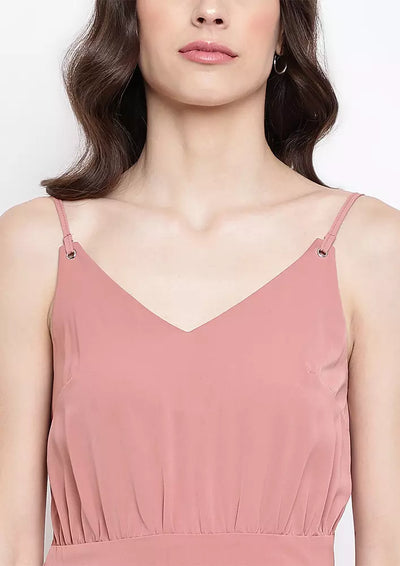 Pink Pleated Plunge V-Neck Midi Dress