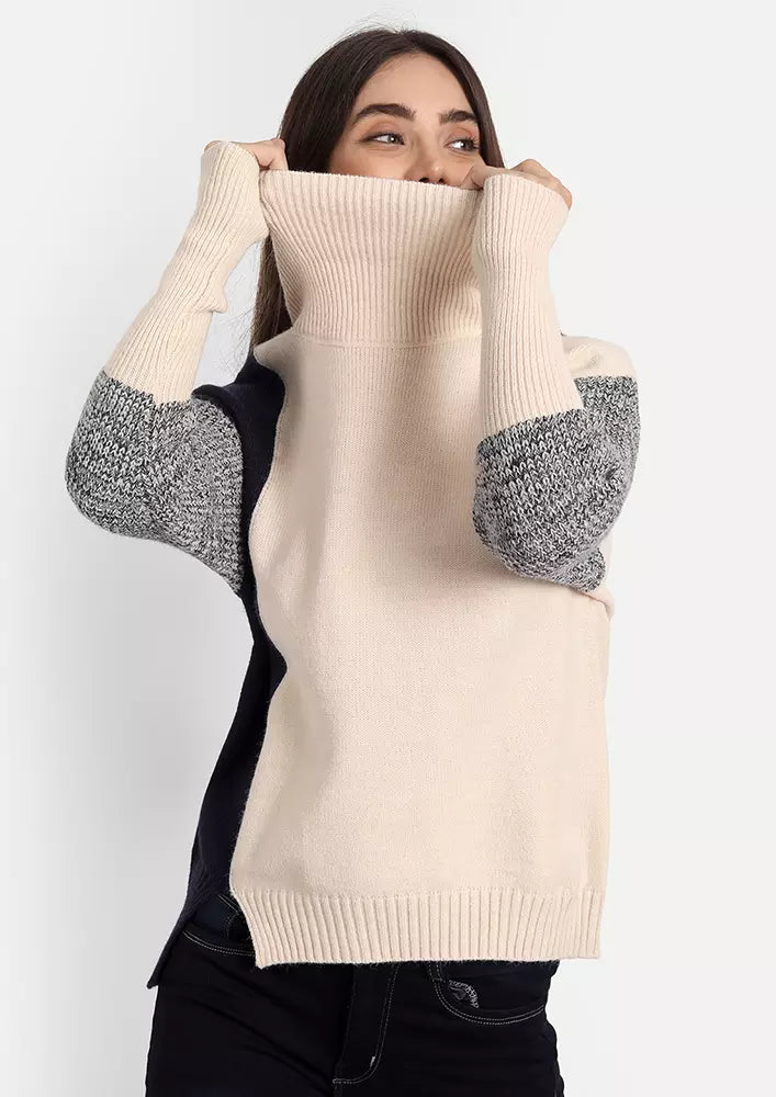Blue & Cream Colorblock Highneck Jumper