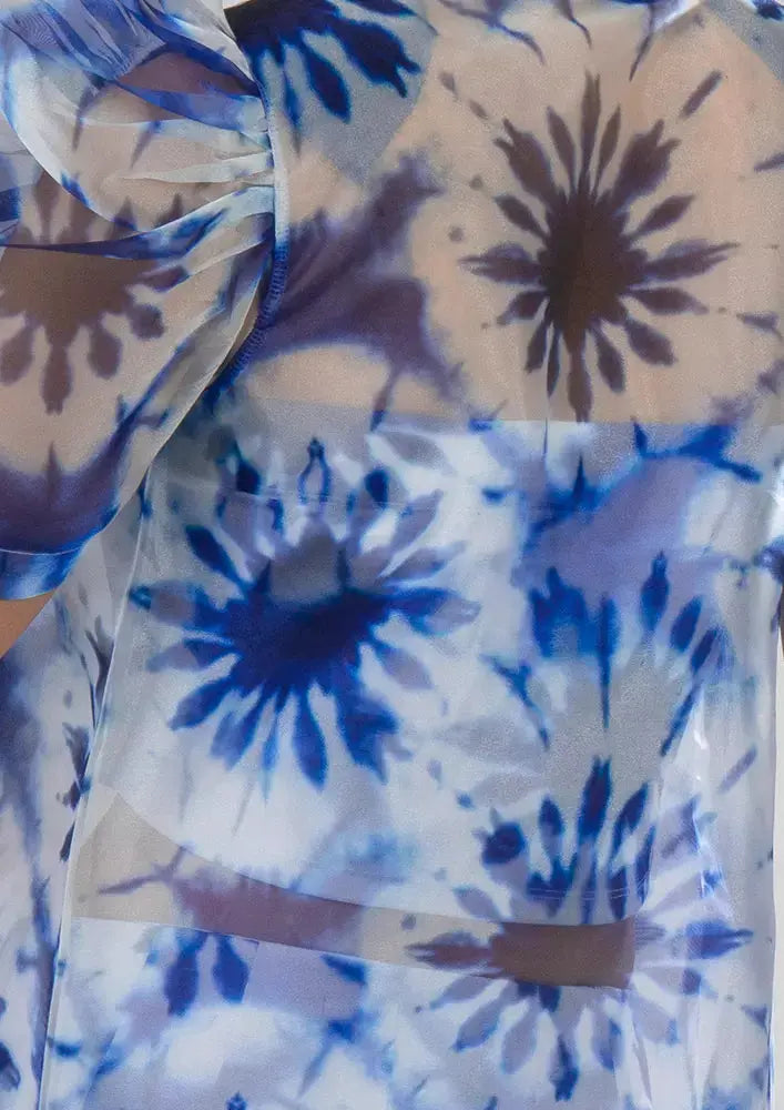 Three Piece Blue Splash Print Organza Puff Sleeve Shirt And Straight Pants With Tube Inner