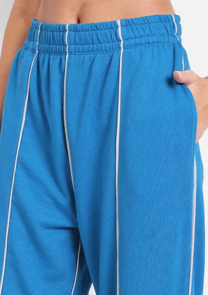 Light Blue Crew Neck Contrast Detail Oversized Joggers Set IKI CHIC