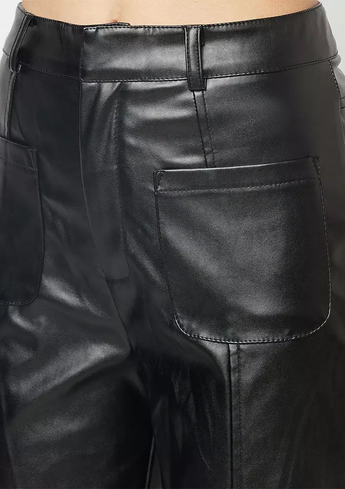 BLACK FAUX LEATHER PINTUCK DETAIL STRAIGHT LEG PANTS IKI CHIC Private Ltd