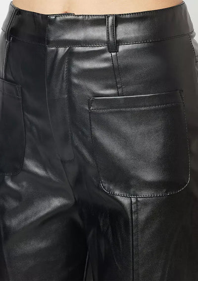 BLACK FAUX LEATHER PINTUCK DETAIL STRAIGHT LEG PANTS IKI CHIC Private Ltd