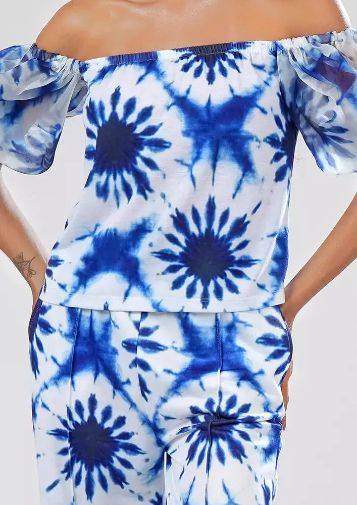 Splash Print Off Shoulder Puff Sleeves Top And Wide Leg Pants Set