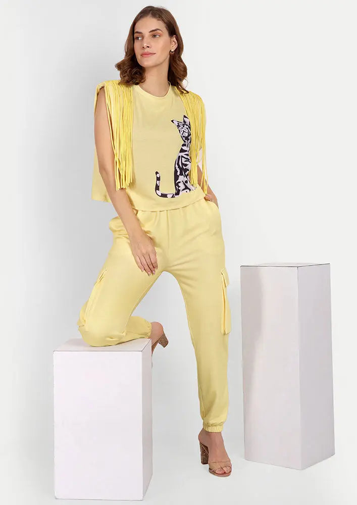 Yellow Cat Print Sleeveless Top With Cargo Joggers Set IKI CHIC Private Ltd
