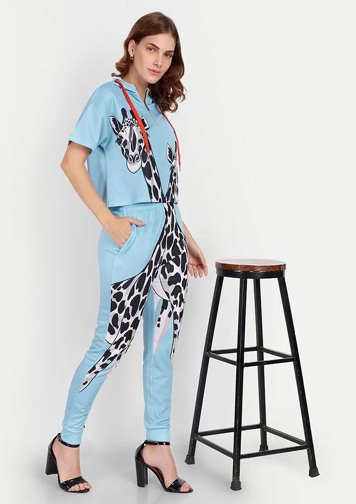 Blue Giraffe Print Zip-Up Hooded Crop Sweatshirt And Joggers Set IKI CHIC Private Ltd