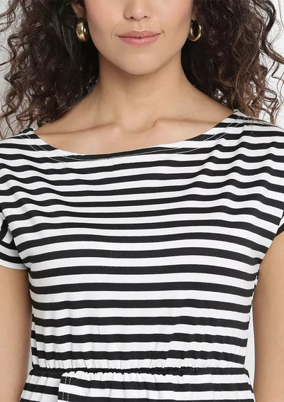 Black Striped Extended Sleeves Monochrome High-Low Longline Top