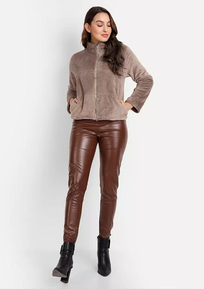 Brown Teddy Fur Bomber Jacket With Front Zipper