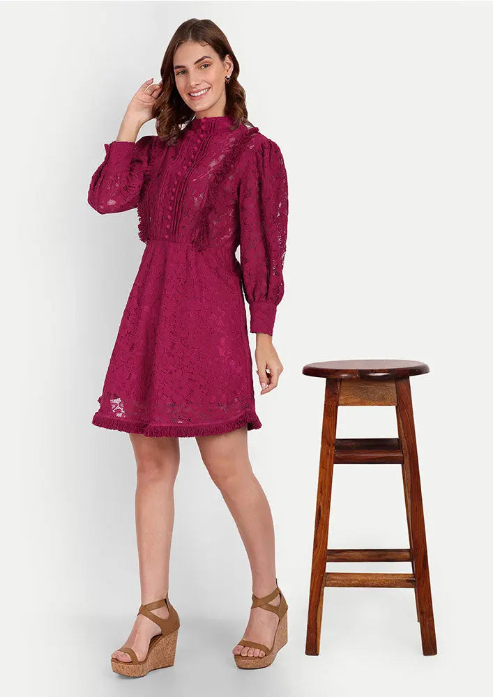 Viva Magenta Floral Lace Skater Dress With Fringe Detailing IKI CHIC Private Ltd