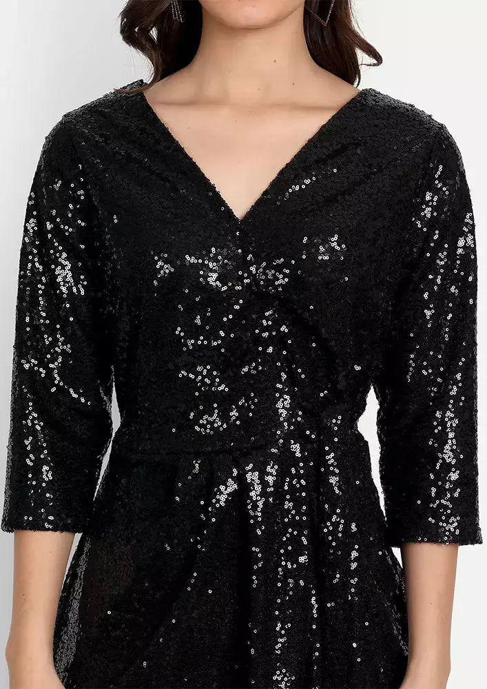 V-Neck Wrapover Front Tie-Up Black Sequin Dress IKI CHIC