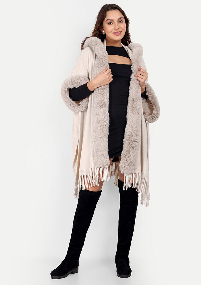 Oversized Hooded Cape With Fringes & Fur Detailing