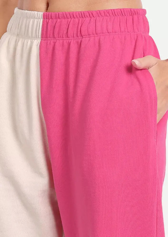 Hot Pink and Off White Colour Blocking Track Suit Set IKI CHIC