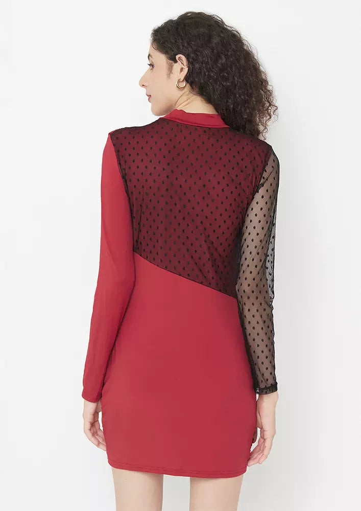 Wine Red Asymmetrical Mesh Turtleneck Ruched Bodycon Party Dress