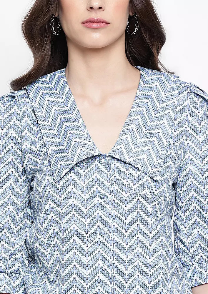 Oversized Collar With V-Neck Puff Sleeve Top