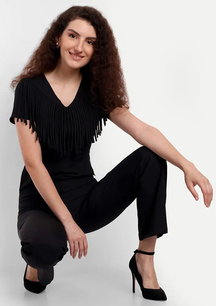 Black High Waisted Jumpsuit With V-Neckline And Fringe Detailing IKI CHIC Private Ltd