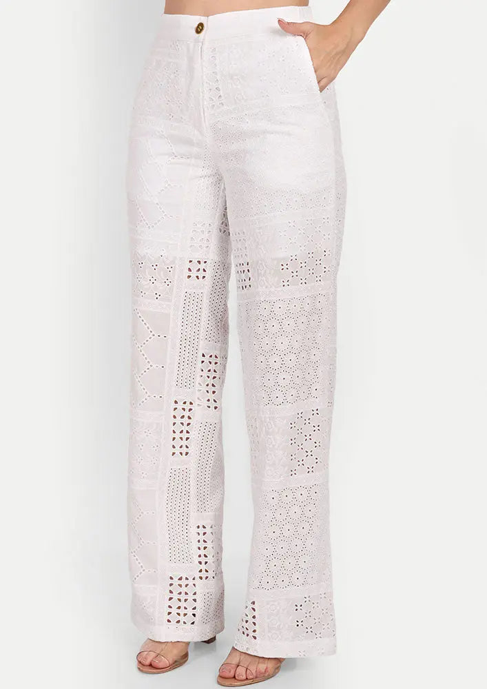 White Schiffli Lace Front Button Up Shirt And High Waisted Lace Pants IKI CHIC Private Ltd