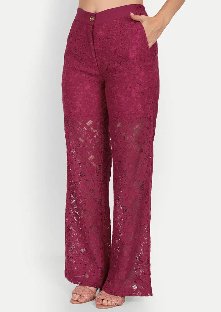 Viva Magenta Linen Shirt With Golden Button Detailing And High Waisted Lace Pants IKI CHIC Private Ltd