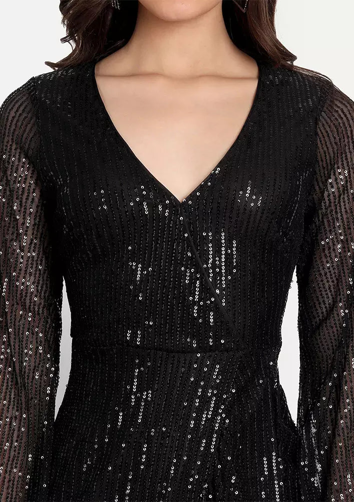Black Sequin V-Neck Ruffle Wrap Mini Dress
